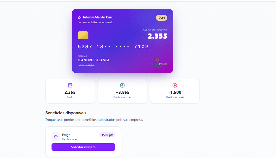 IntensaMente Card — saldo de pontos e benefício disponível