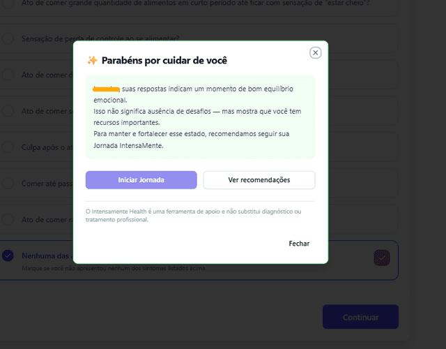 Resultado de avaliação emocional — parabéns por cuidar de você