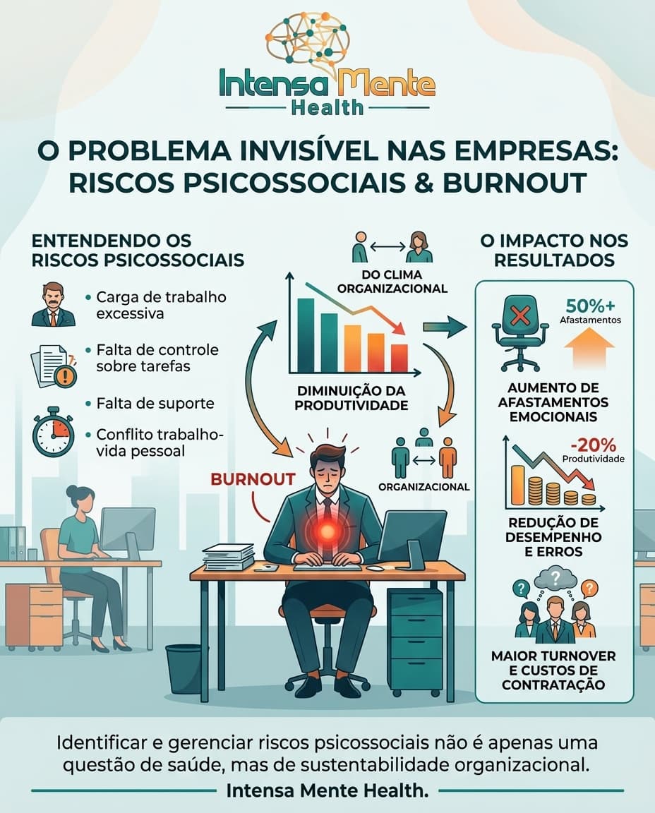 O problema invisível nas empresas: riscos psicossociais e burnout — 50%+ afastamentos, -20% produtividade